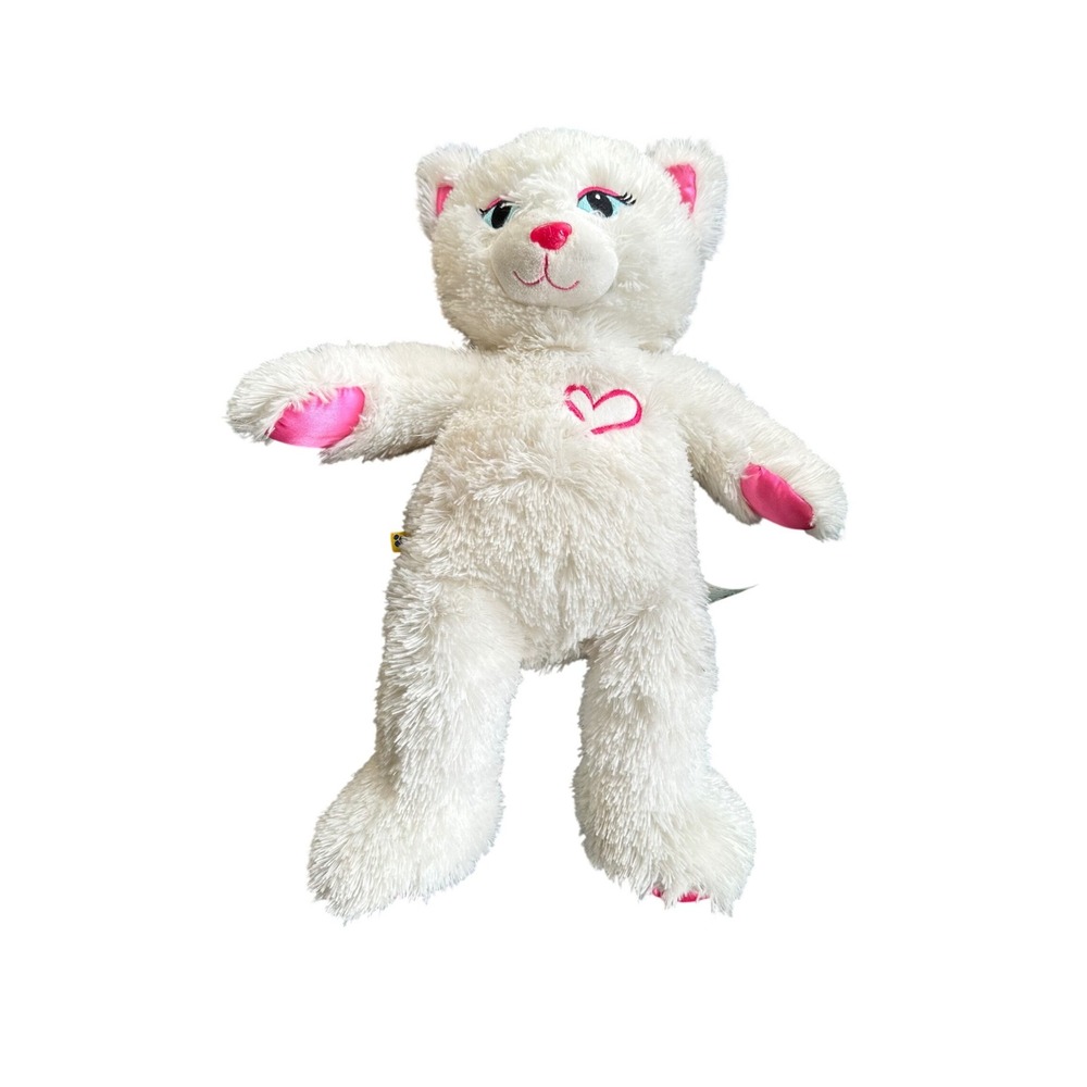 Build-A-Bear Workshop White Shaggy‎ Kitten Plush Pink Heart Satin Paws 16 Inch